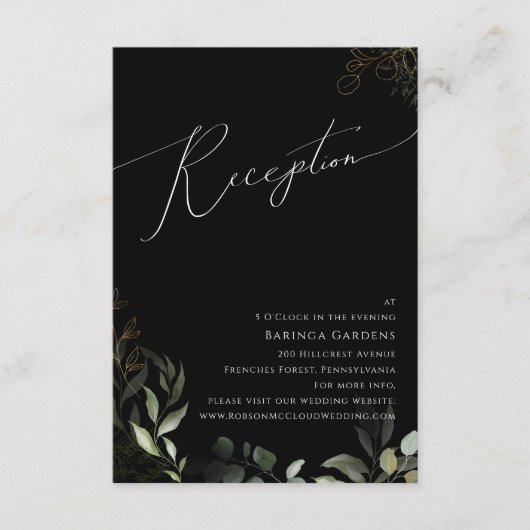 グリーンリーブラックと金ゴールドウェディングレセプションカード エンクロージャーカード (正面)