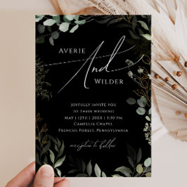 グリーンリーブラックアンド金ゴールドカジュアルリース結婚ズ 招待状