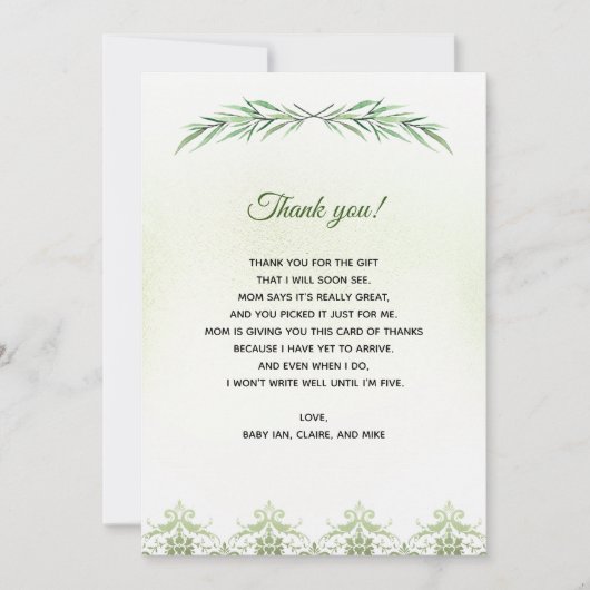 グリーンリーブランチベビーシャワーサンキューカード サンキューカード (正面)