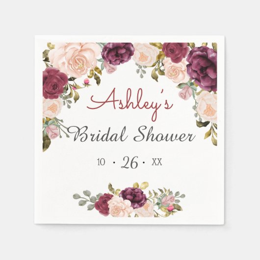 グリーンリーブルガンディマルサラレッドフローラブライダルシャワー スタンダードカクテルナプキン (正面)