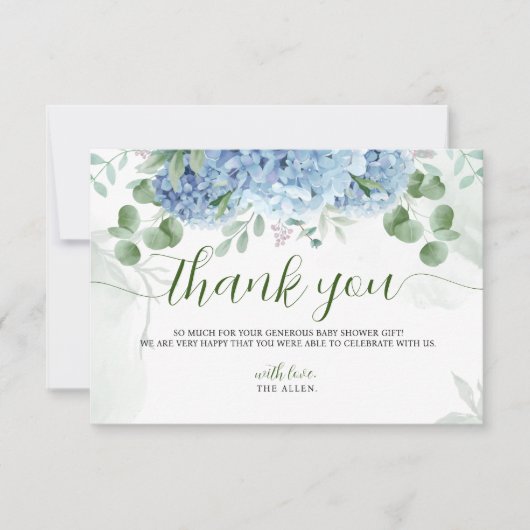 グリーンリーブルーアジサイありがとうベイビーシャワー サンキューカード (正面)