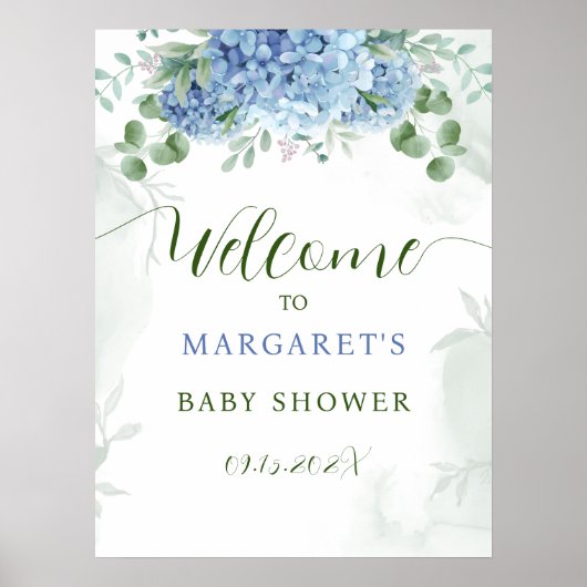 グリーンリーブルーアジサイ赤ちゃんシャワー歓迎サイン ポスター (正面)