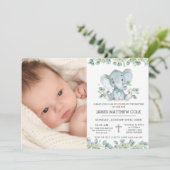 グリーンリーブルーエレファントバプテスマ《キリスト教》洗礼式や命名式写真 招待状 (スタンド正面)