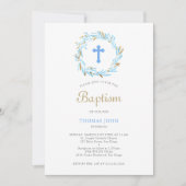 グリーンリーブルークロス金ゴールドエレガント男の赤ちゃんバプテスマ 招待状 (正面)