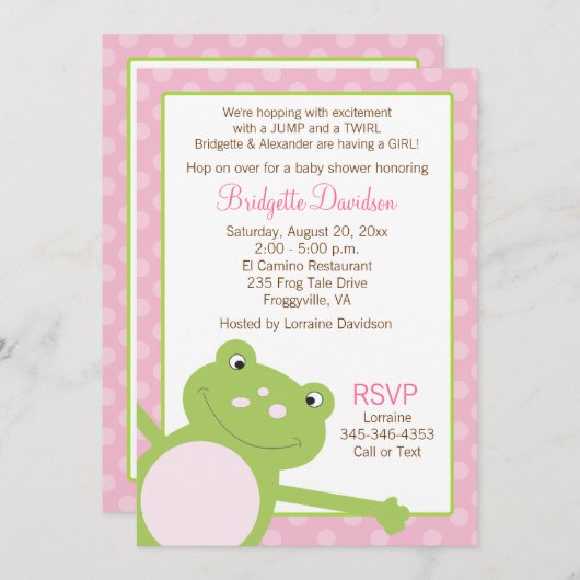 グリーンリープフロッグガールピンク赤ちゃんシャワー 招待状 (正面/裏面)