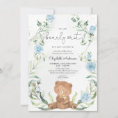 グリーンリーベアブルーフラワーズボーイベビーシャワー 招待状 (正面)