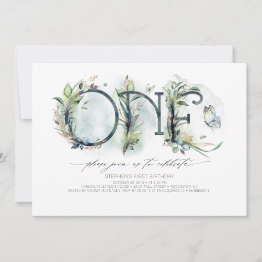 グリーンリーベビーの1st誕生日招待状 – ニュートラル 招待状 (正面)