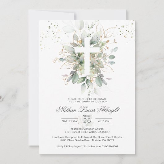 グリーンリーベージュクロスベビー《キリスト教》洗礼式や命名式招待状 招待状 (正面)