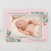 グリーンリーホリーブーケフォトホリデーピンク誕生 案内状 (正面/裏面)