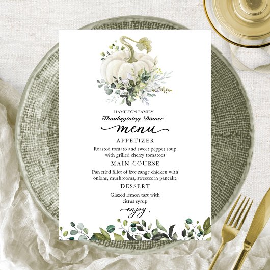 グリーンリーホワイトカボチャ感謝祭ディナーメニュー サンキューカード