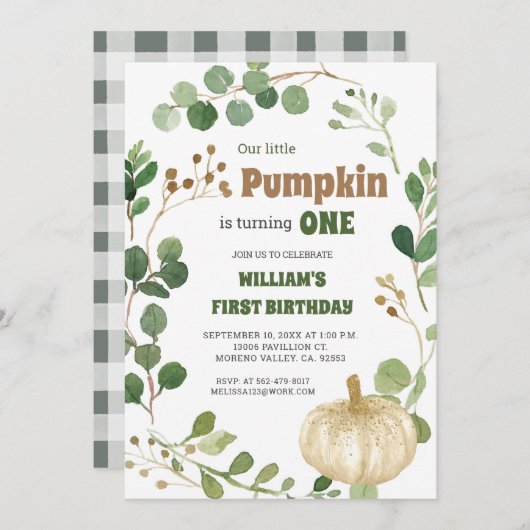 グリーンリーホワイトパンプキンボーイファースト誕生日 招待状 (正面/裏面)