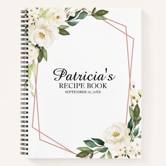 グリーンリーホワイトフラワーズブライダルシャワーレシピ本 ノートブック (正面)