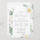 グリーンリーホワイトフローラバプテスマスペインの招待状 招待状 (正面/裏面)
