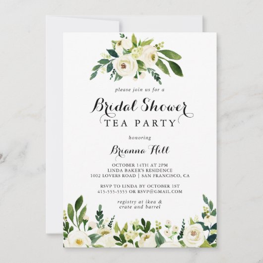 グリーンリーホワイトフローラブライダルシャワーティーパーティー 招待状 (正面)