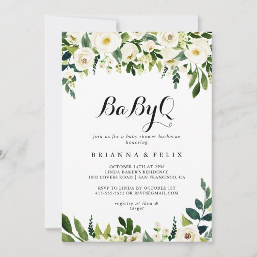 グリーンリーホワイトフローラベビーQベビーシャワーバーベキュー 招待状 (正面)