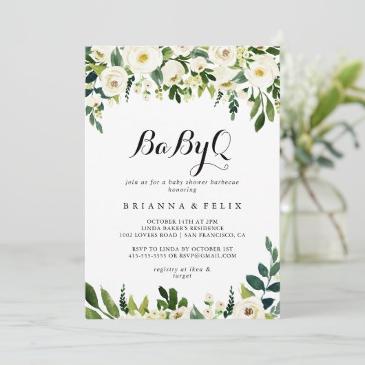 グリーンリーホワイトフローラベビーQベビーシャワーバーベキュー 招待状 (スタンド正面)