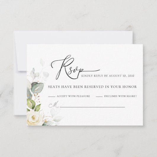 グリーンリーホワイトローズウェディングRSVPカード 出欠カード (正面)