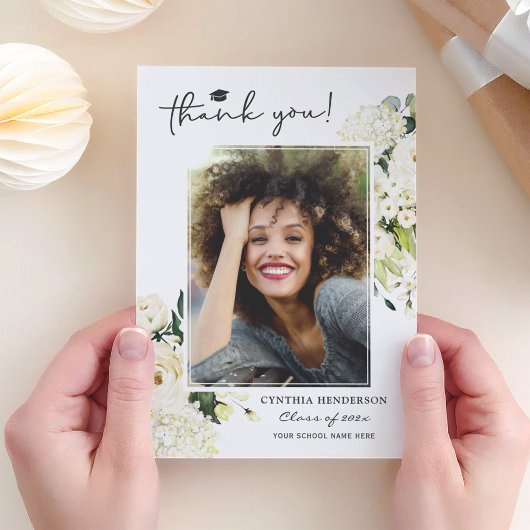 グリーンリーホワイトローズフローラ卒業写真 サンキューカード