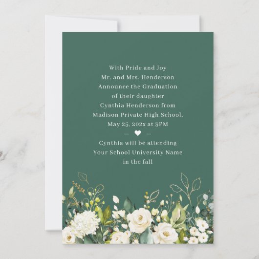 グリーンリーホワイトローズフローラ卒業 案内状 (裏面)