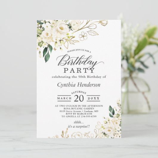 グリーンリーホワイトローズフローラ成人誕生日パーティー 招待状 (スタンド正面)