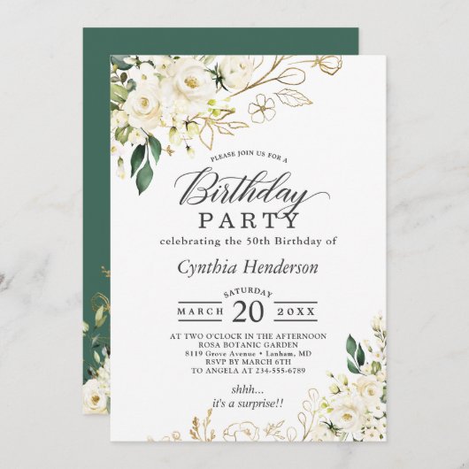 グリーンリーホワイトローズフローラ成人誕生日パーティー 招待状 (正面/裏面)