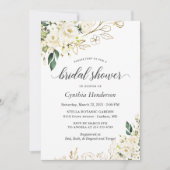 グリーンリーホワイトローズフローラ金ゴールドブライダルシャワー 招待状 (正面)