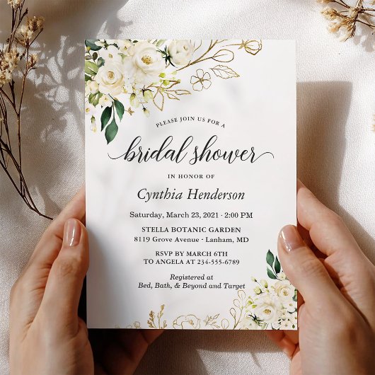 グリーンリーホワイトローズフローラ金ゴールドブライダルシャワー 招待状