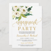 グリーンリーホワイトローズフローラ金ゴールド婚約 招待状 (正面/裏面)