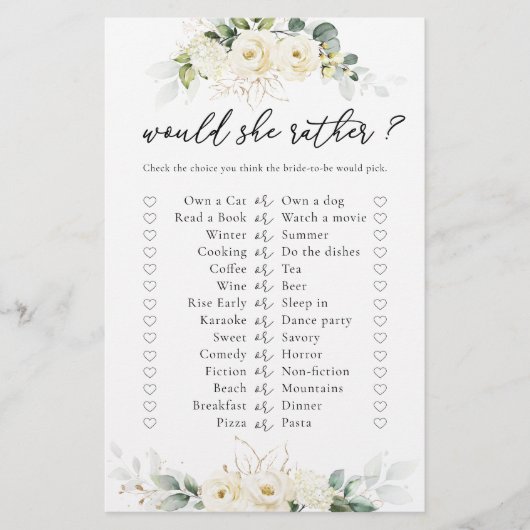 グリーンリーホワイトローズブライダルシャワーゲーム (正面)