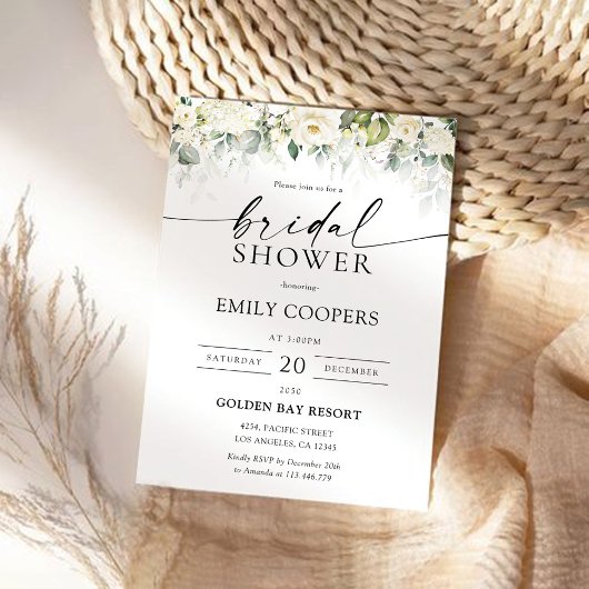 グリーンリーホワイトローズブライダルシャワー招待 招待状
