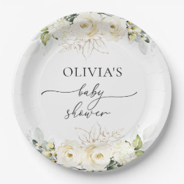 グリーンリーホワイトローズベビーシャワー紙プレート ペーパープレート