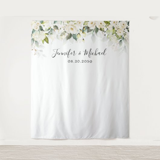 グリーンリーホワイトローズ結婚ズバックドロップ タペストリー (正面)