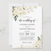 グリーンリーホワイトローズ葉フローラ金ゴールド結婚ズ 招待状 (正面)