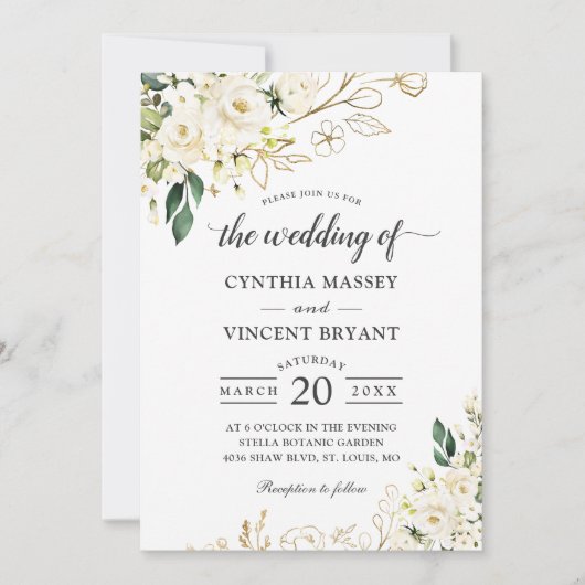 グリーンリーホワイトローズ葉フローラ金ゴールド結婚ズ 招待状 (正面)