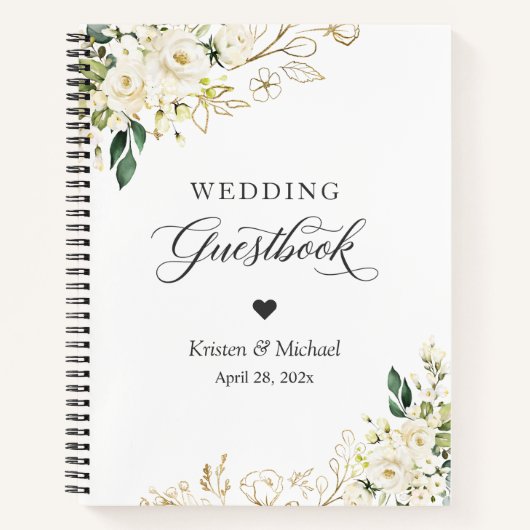 グリーンリーホワイトローズ金ゴールドフローラ結婚ズゲストブック ノートブック (正面)
