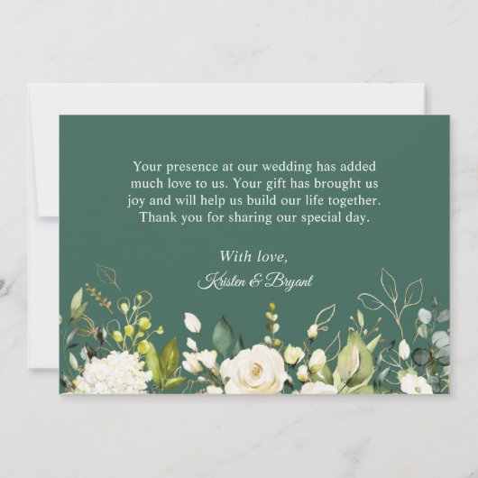 グリーンリーホワイトローズ金ゴールド結婚フローラ サンキューカード (裏面)