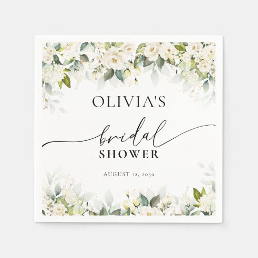 グリーンリーホワイトローゼスブライダルシャワーナプキンス スタンダードカクテルナプキン (正面)