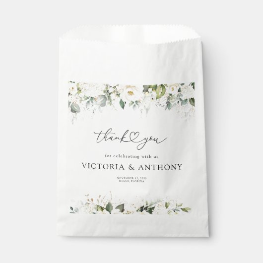 グリーンリーホワイトローゼスブライダルシャワーフリットバッグ フェイバーバッグ (正面)