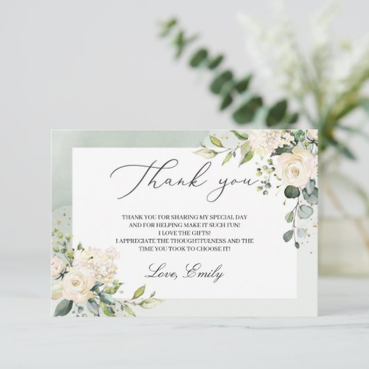 グリーンリーホワイトローゼユーカリプタスブライダルシャワー サンキューカード (スタンド正面)