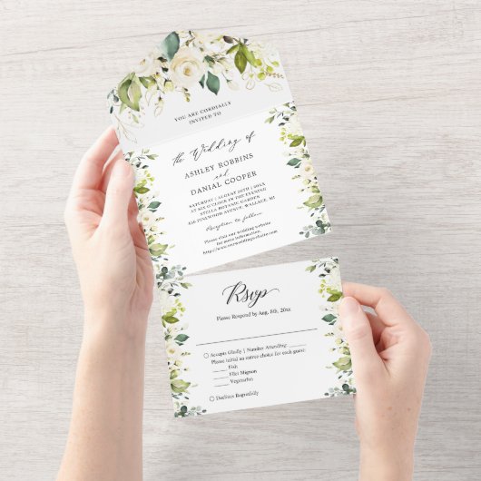 グリーンリーホワイト金ゴールド結婚フローラの詳細RSVP オールインワン招待状 (貼ってはがせる)