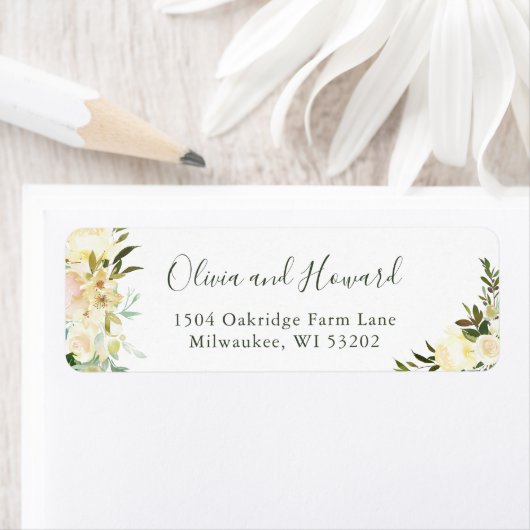 グリーンリーボタニカルウォーターカラーアイボリーホワイトフローラ ラベル (インサイチュ)