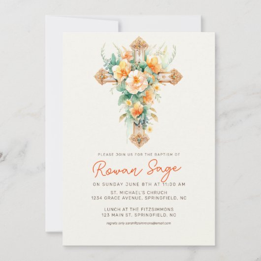 グリーンリーボタニカルクロスバプテスマ招待状 招待状 (正面)