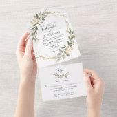 グリーンリーボホセージと金ゴールドジオメトリック結婚ズ オールインワン招待状 (貼ってはがせる)