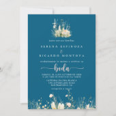 グリーンリーボホワイルドフラワースペインのネイビー結婚ズ 招待状 (正面)