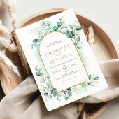 グリーンリーボホーアーチユーカリプトゥスグリーン結婚金ゴールド 招待状