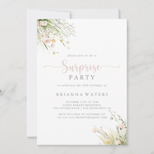 グリーンリーボホーワイルドフラワーサプライズパーティの招待状 招待状 (正面)