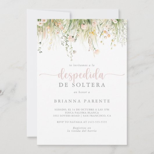 グリーンリーボホーワイルドフラワースペインのブライダルシャワー 招待状 (正面)