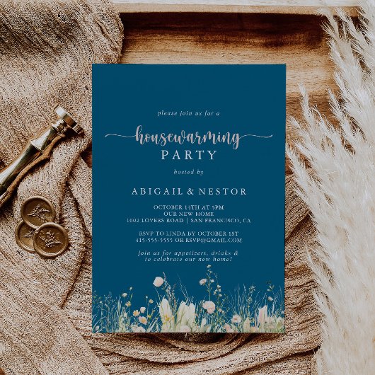 グリーンリーボホーワイルドフラワーネイビー引っ越し祝いパーティーパーティー 招待状