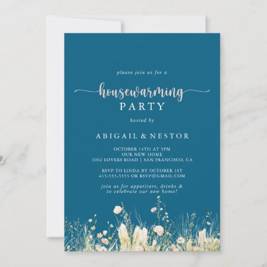 グリーンリーボホーワイルドフラワーネイビー引っ越し祝いパーティーパーティー 招待状 (正面)