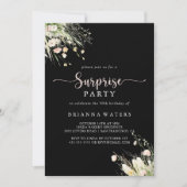 グリーンリーボホーワイルドフラワーブラックサプライズパーティー 招待状 (正面)